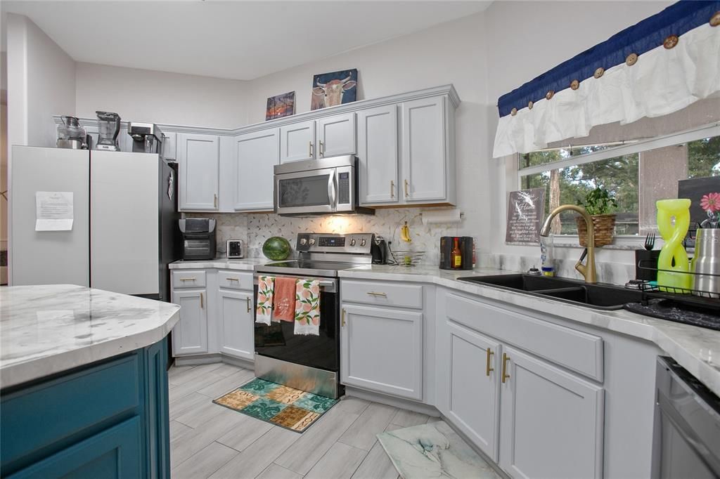Interior, Kitchen, Marble, Stainless Steel Appliances, Wood Texture Flooring