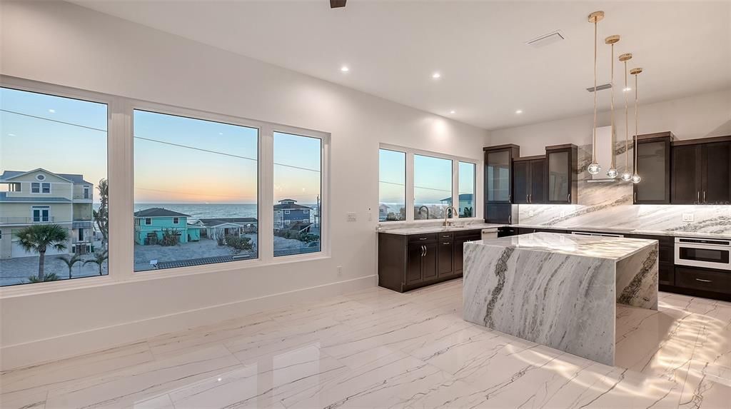 Interior, Kitchen, Marble, Pendant Lights, Recessed Lighting, Water, Wood Texture Flooring