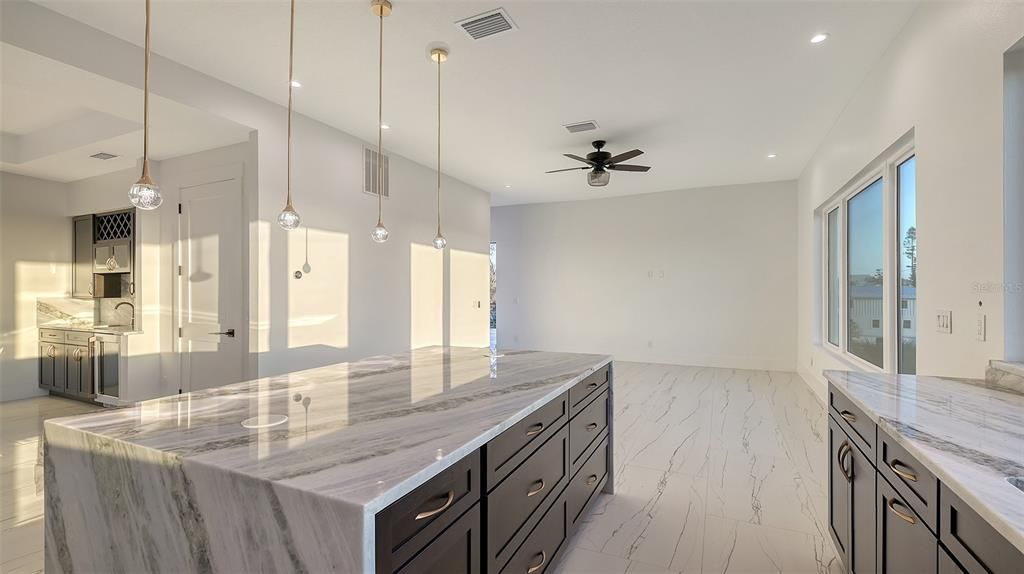 Interior, Kitchen, Marble, Pendant Lights, Recessed Lighting