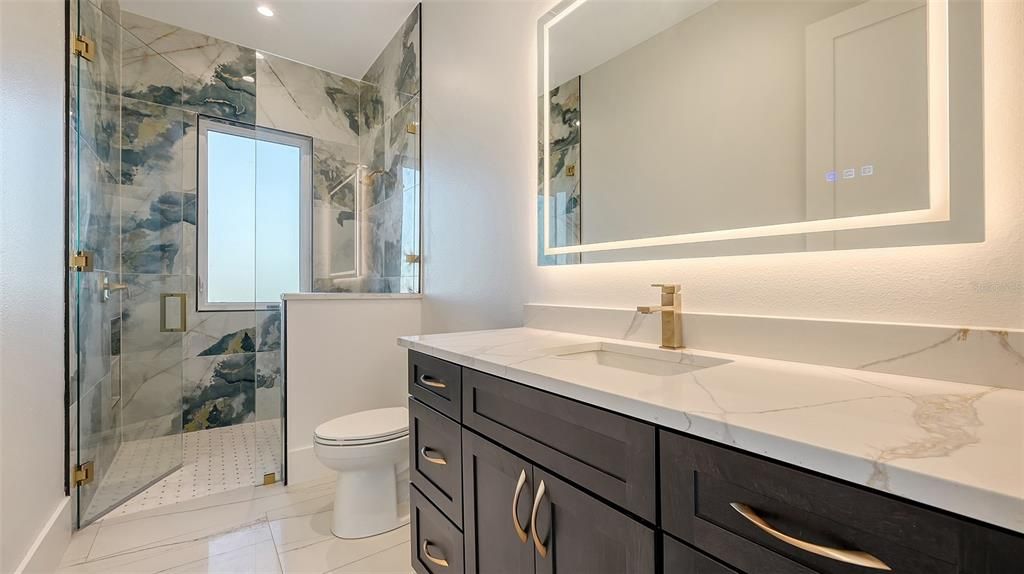 Bathroom, Glass Shower, Interior, Marble, Marble Walls, Recessed Lighting