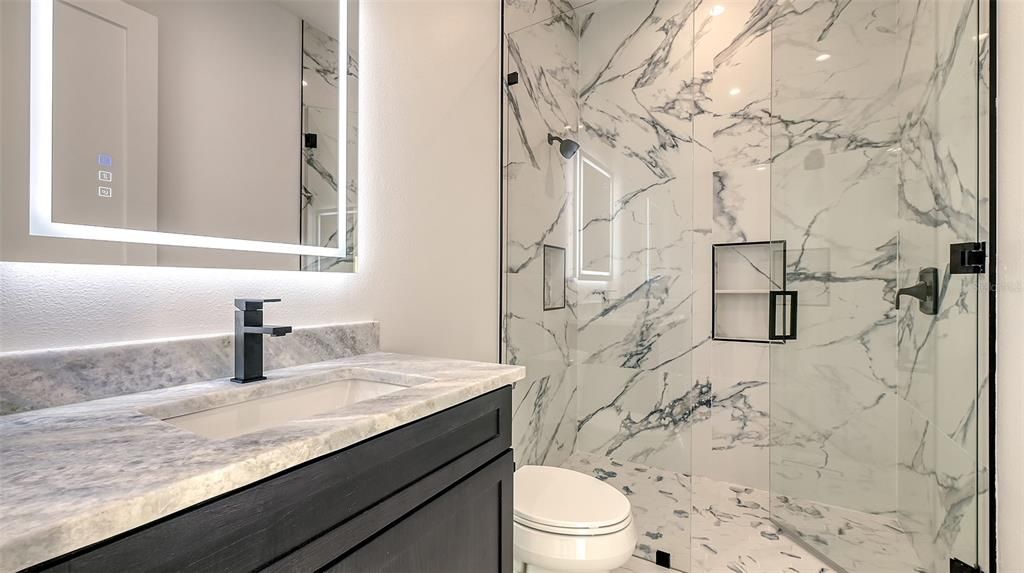 Bathroom, Glass Shower, Interior, Marble Walls