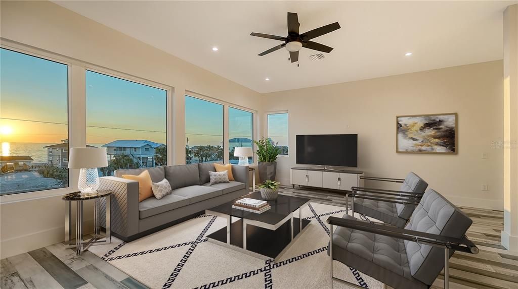 Interior, Living room, Recessed Lighting, Water, Wood Texture Flooring