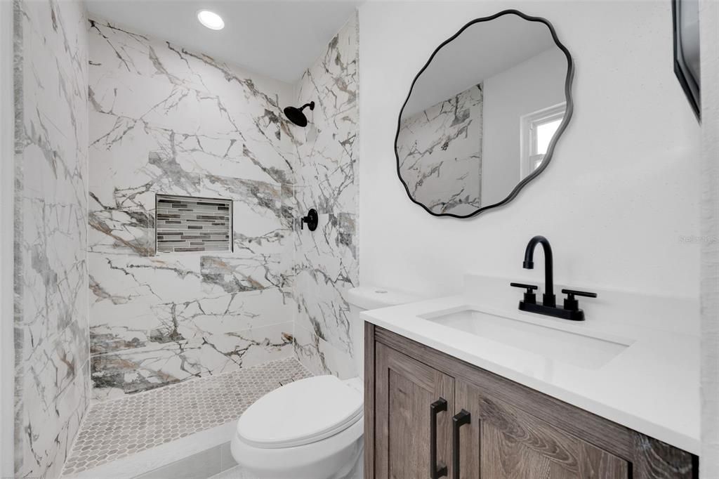 Bathroom, Interior, Marble Walls, Recessed Lighting