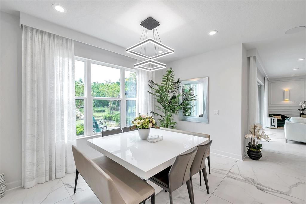 Dining room, Interior, Living room, Marble, Pendant Lights, Recessed Lighting