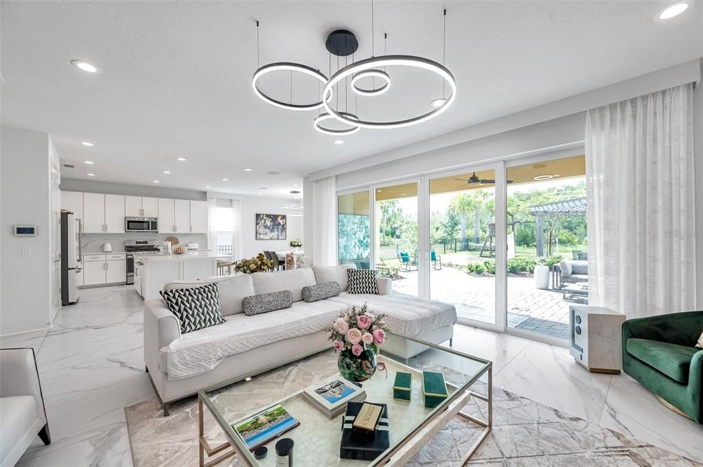 Interior, Kitchen, Living room, Marble, Pendant Lights, Recessed Lighting, Stainless Steel Appliances