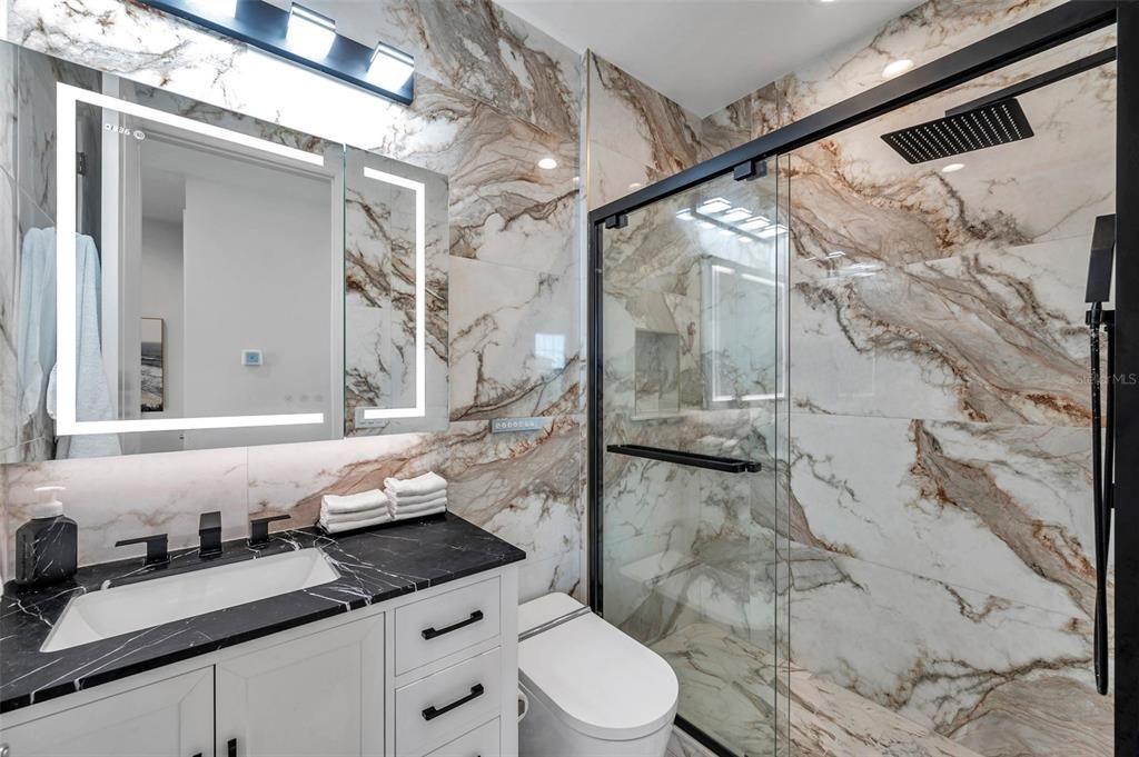 Bathroom, Glass Shower, Interior, Marble Walls, Recessed Lighting