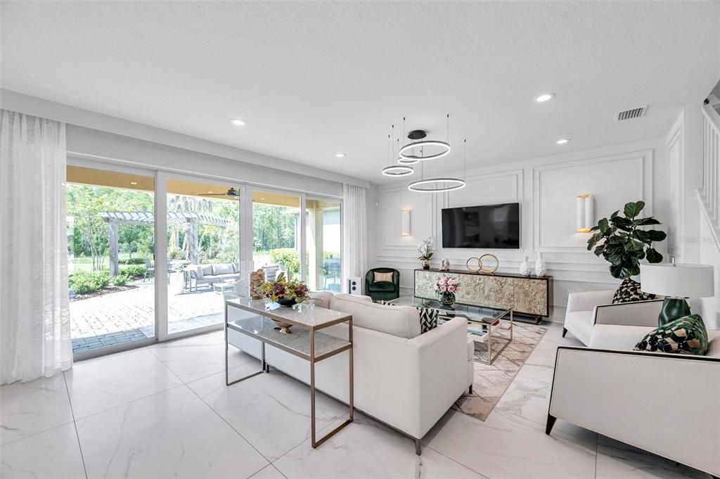 Fireplace, Interior, Living room, Marble, Pendant Lights, Recessed Lighting