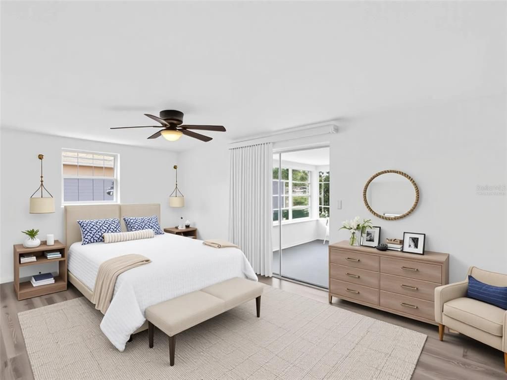 Bedroom, Interior, Pendant Lights, Wood Texture Flooring