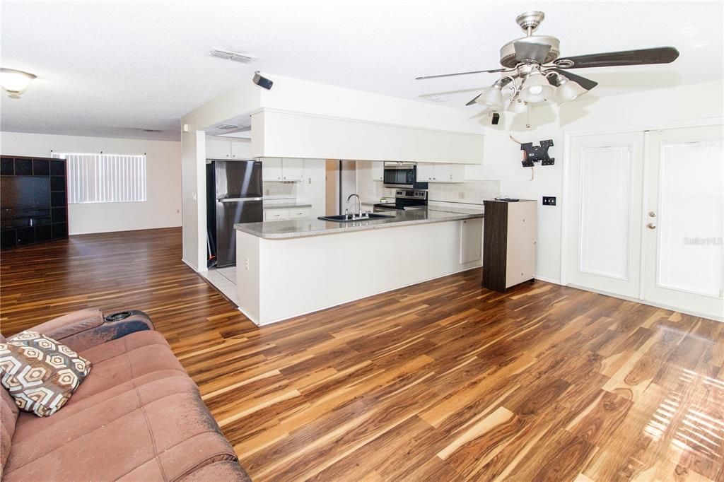 Interior, Kitchen, Living room, Stainless Steel Appliances, Wood Texture Flooring