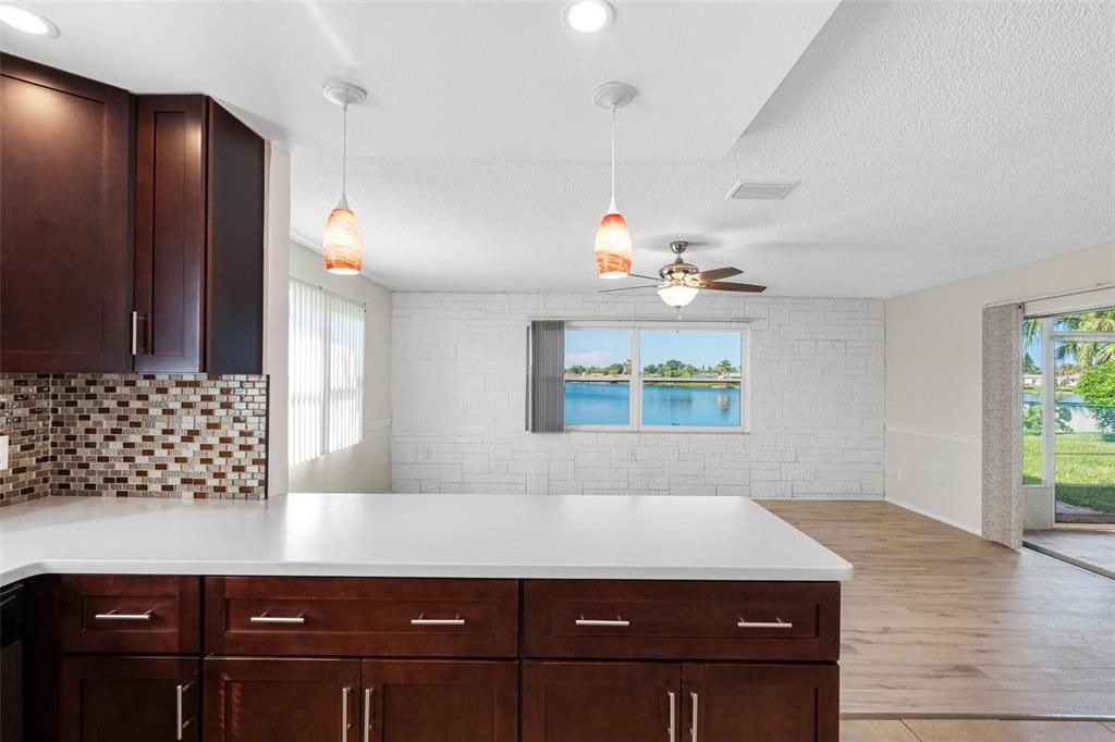 Interior, Kitchen, Pendant Lights, Recessed Lighting, Stone Walls, Wood Texture Flooring