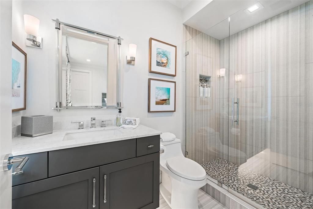 Bathroom, Glass Shower, Interior, Recessed Lighting, Wood Texture Flooring