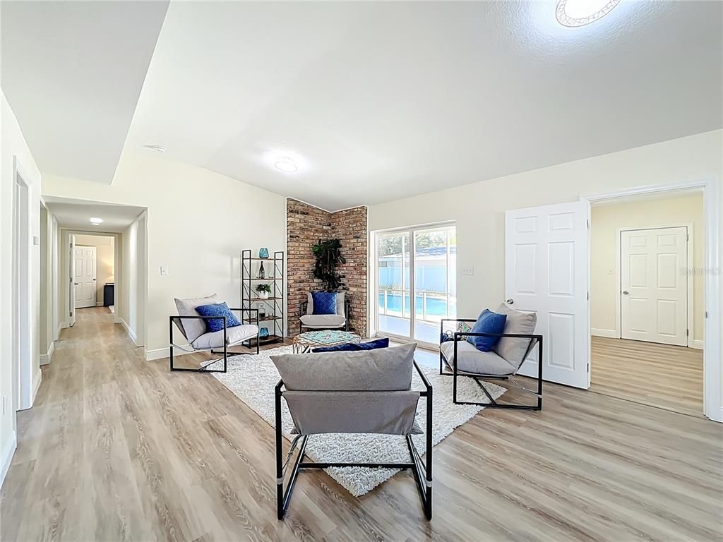 Interior, Living room, Stone Walls, Wood Texture Flooring