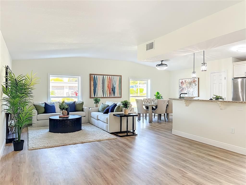 Dining room, Interior, Kitchen, Living room, Pendant Lights, Stainless Steel Appliances, Wood Texture Flooring
