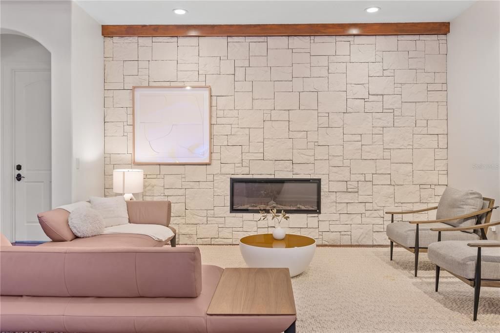 Fireplace, Interior, Living room, Recessed Lighting, Stone Walls
