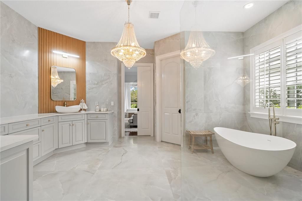 Bathroom, Chandelier, Free Standing Baths, Interior, Marble, Marble Walls, Recessed Lighting