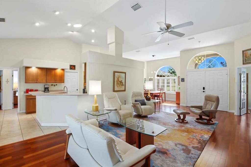 Dining room, Interior, Kitchen, Living room, Recessed Lighting, Wood Texture Flooring