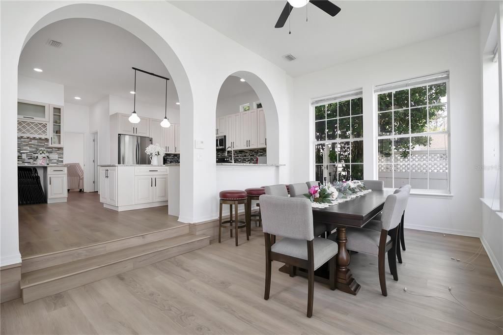 Dining room, Interior, Kitchen, Pendant Lights, Recessed Lighting, Stainless Steel Appliances, Wood Texture Flooring