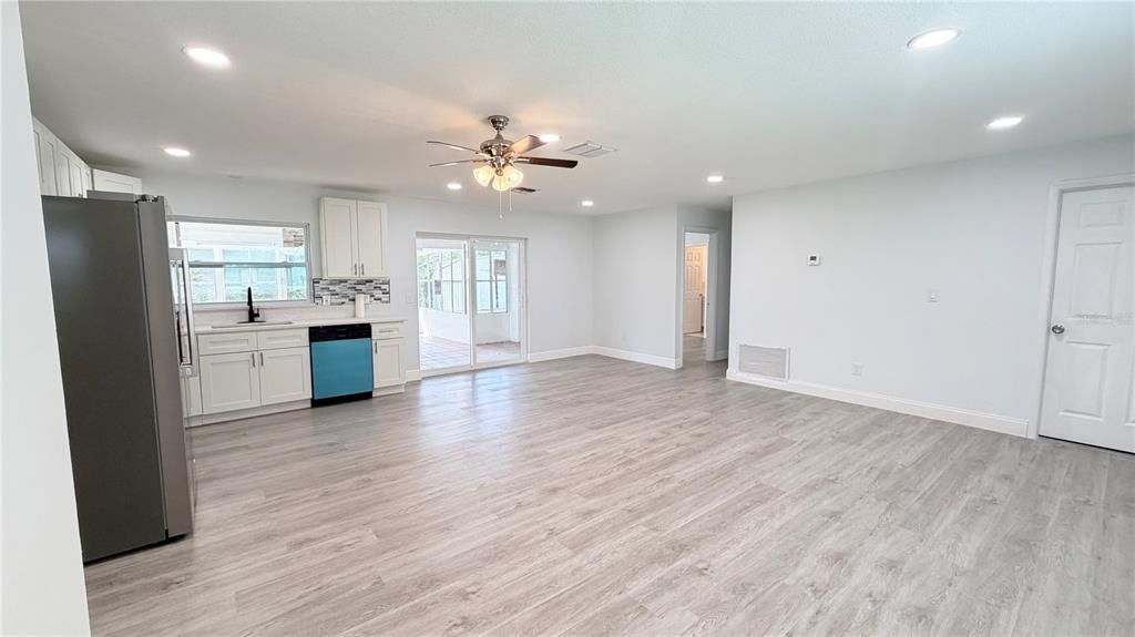 Empty room, Interior, Kitchen, Recessed Lighting, Wood Texture Flooring
