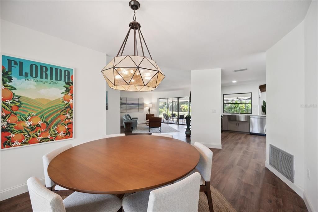 Dining room, Interior, Pendant Lights, Recessed Lighting, Stainless Steel Appliances, Wood Texture Flooring