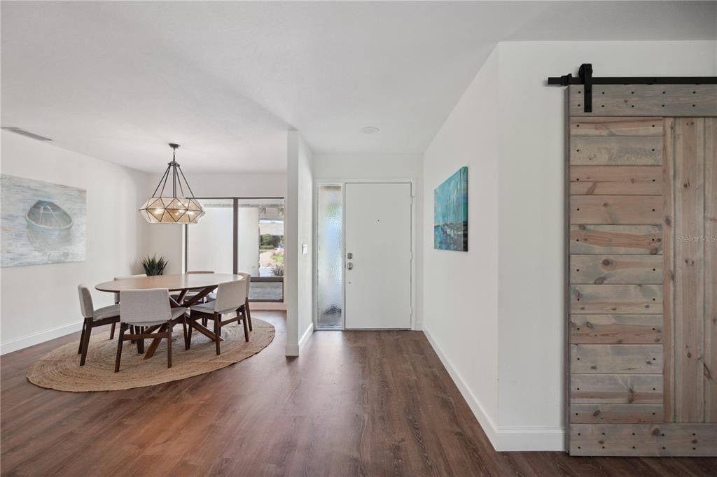 Dining room, Interior, Pendant Lights, Wood Texture Flooring, Wooden Walls