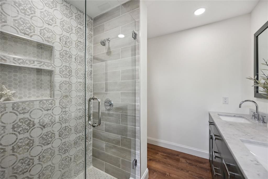 Bathroom, Glass Shower, Interior, Recessed Lighting, Wood Texture Flooring