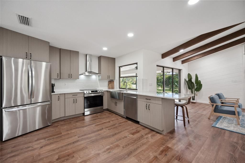 Interior, Kitchen, Recessed Lighting, Stainless Steel Appliances, Wooden Beams, Wood Texture Flooring
