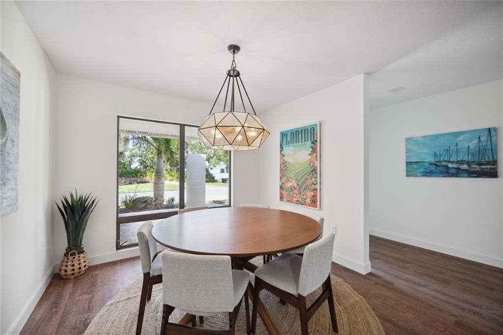 Dining room, Interior, Pendant Lights, Wood Texture Flooring