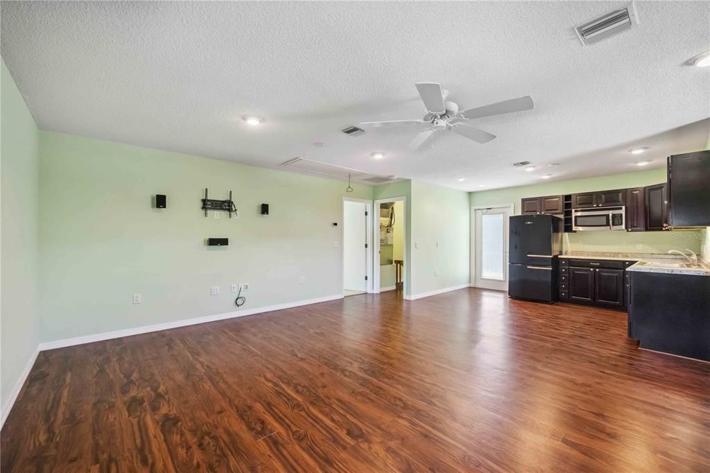 Empty room, Interior, Kitchen, Recessed Lighting, Wood Texture Flooring