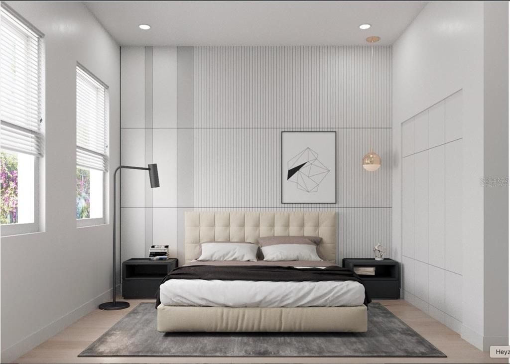 Bedroom, Interior, Pendant Lights, Recessed Lighting, Wood Texture Flooring