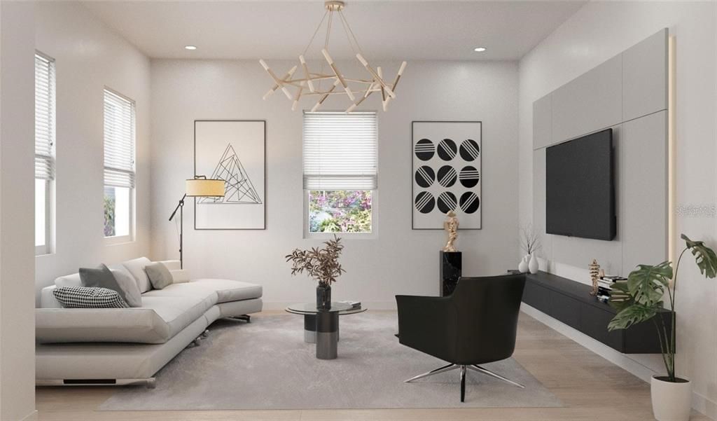 Interior, Living room, Pendant Lights, Recessed Lighting, Wood Texture Flooring