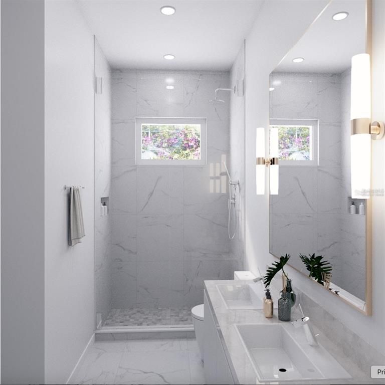 Bathroom, Interior, Marble, Marble Walls, Recessed Lighting