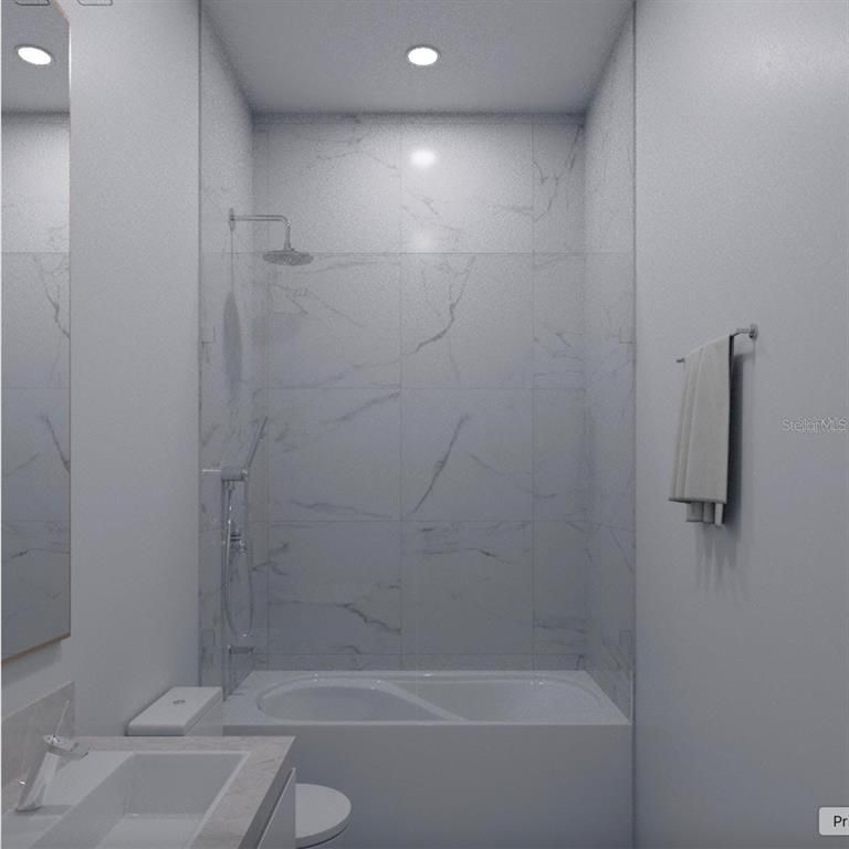 Bathroom, Glass Shower, Interior, Marble Walls, Recessed Lighting