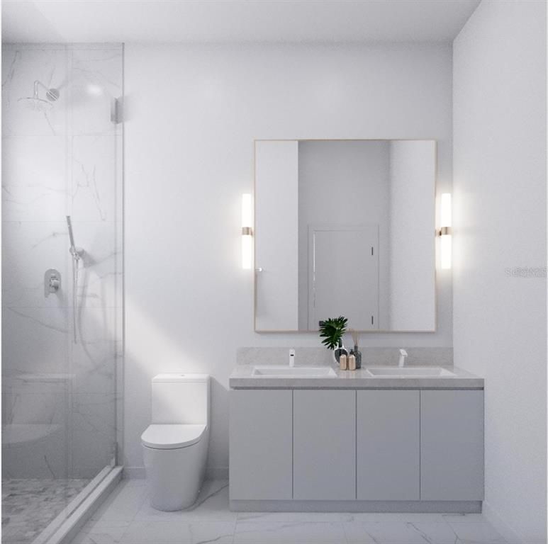 Bathroom, Dual Sink Vanities, Glass Shower, Interior, Marble, Marble Walls