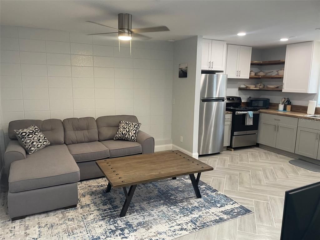 Interior, Kitchen, Living room, Recessed Lighting, Stainless Steel Appliances, Wood Texture Flooring