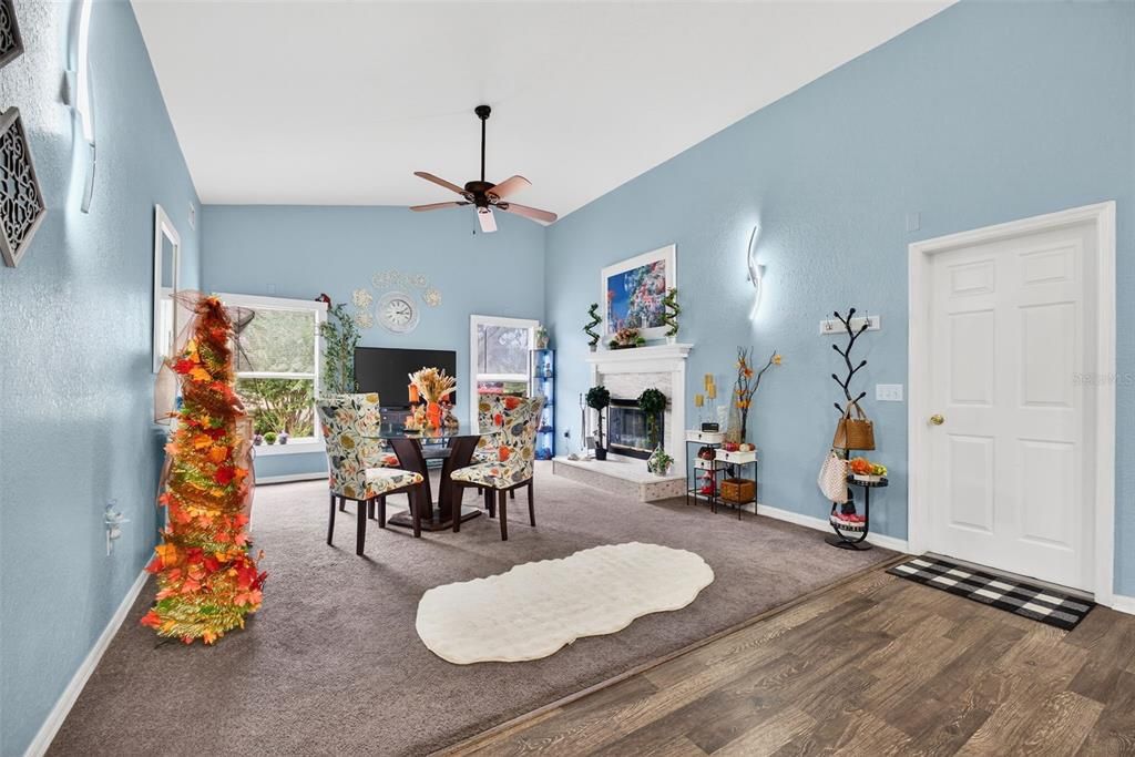 Dining room, Fireplace, Interior, Wood Texture Flooring