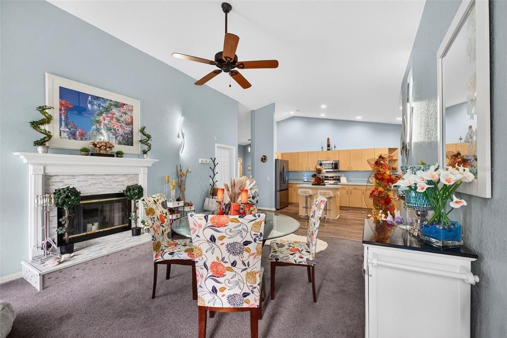 Dining room, Fireplace, Interior, Kitchen, Recessed Lighting