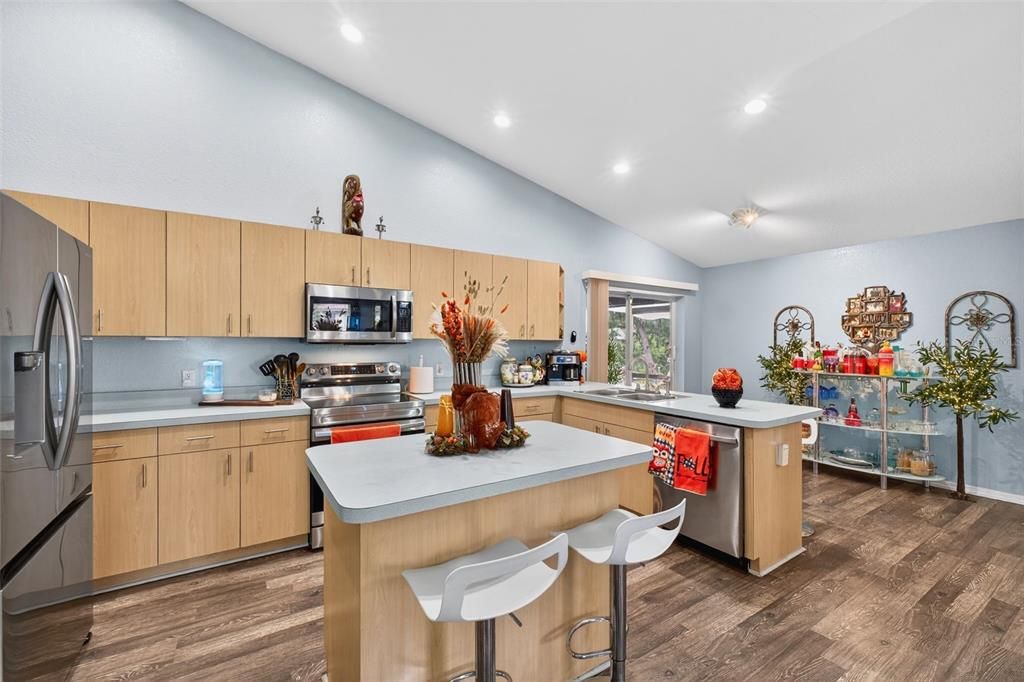 Interior, Kitchen, Recessed Lighting, Stainless Steel Appliances, Wood Texture Flooring
