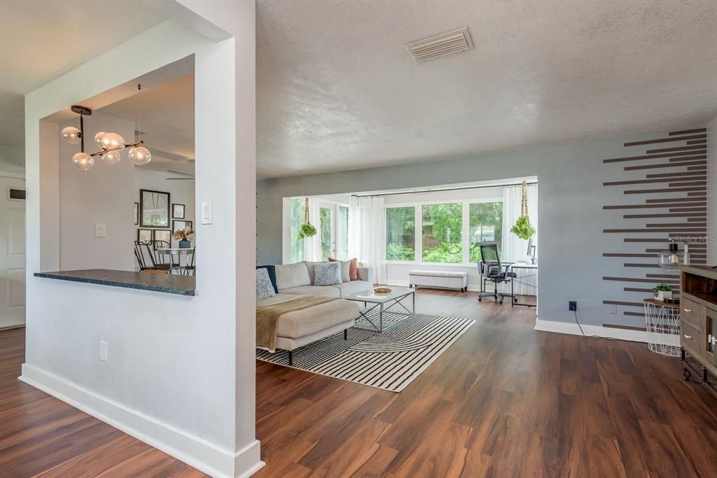Dining room, Interior, Living room, Pendant Lights, Wood Texture Flooring