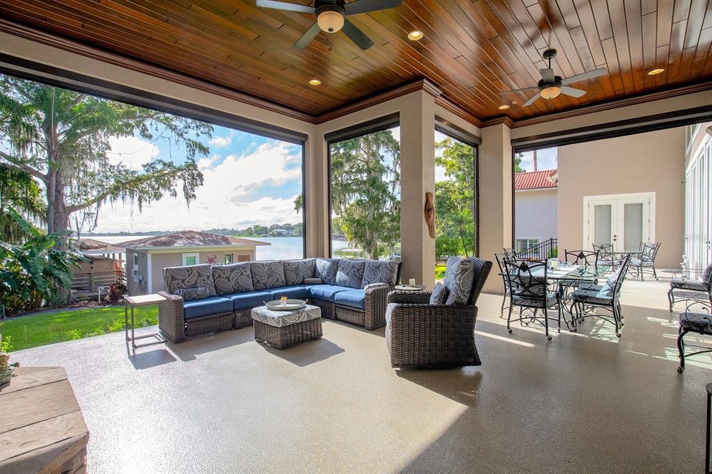 Dining room, Interior, Living room, Recessed Lighting, Sun Room, Water, Wooden Ceilings