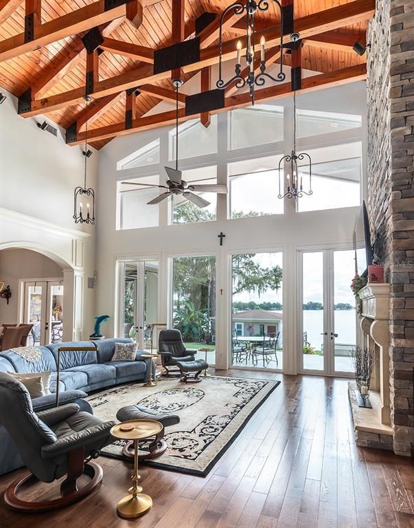 Chandelier, Fireplace, Interior, Living room, Pendant Lights, Wooden Beams, Wooden Ceilings, Wood Texture Flooring