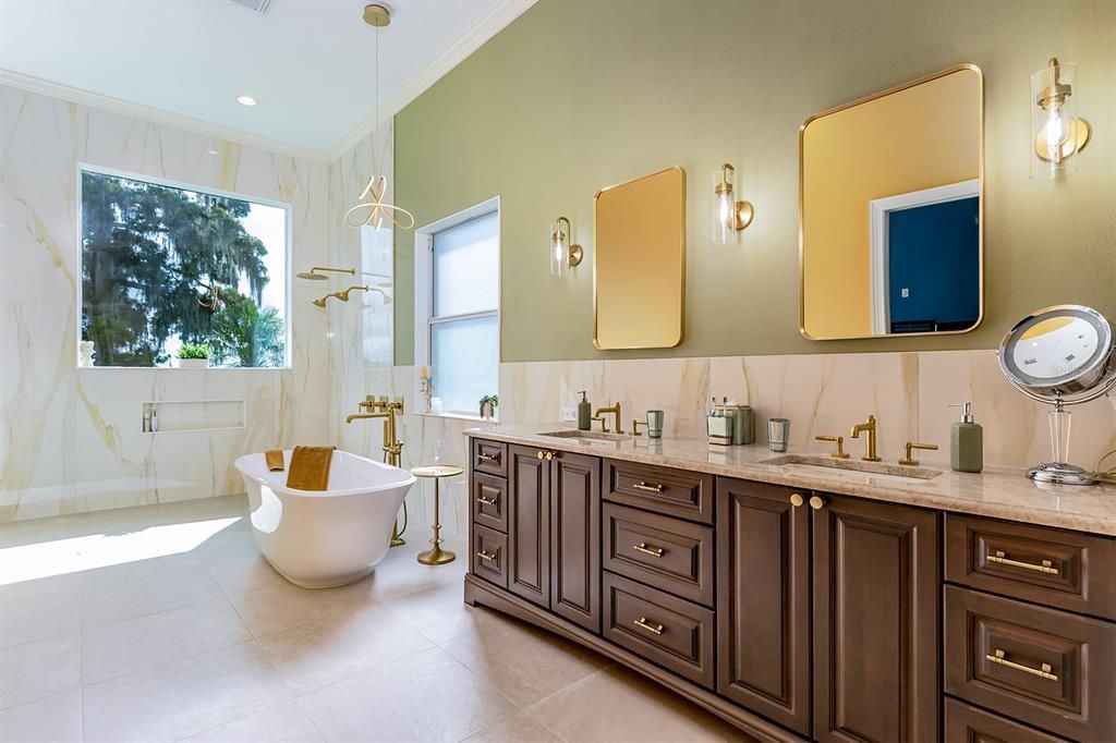 Bathroom, Dual Sink Vanities, Free Standing Baths, Glass Shower, Interior, Marble Walls, Pendant Lights, Recessed Lighting