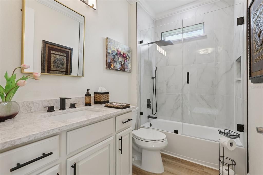 Bathroom, Glass Shower, Interior, Marble Walls, Wood Texture Flooring