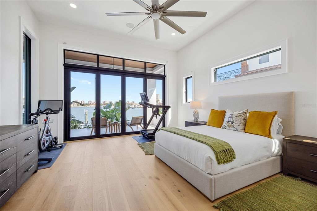 Bedroom, Fitness Equipment, Interior, Recessed Lighting, Water, Wood Texture Flooring