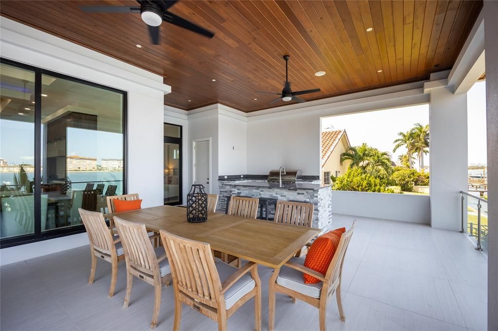 Exterior, Outdoor Kitchen, Recessed Lighting, Water, Wooden Ceilings