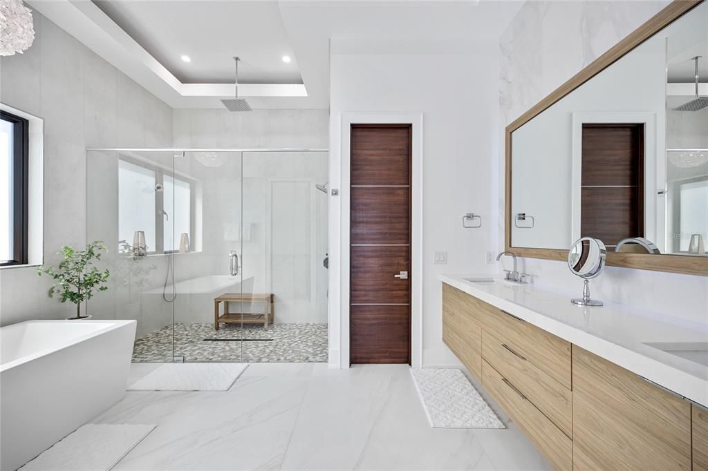 Bathroom, Dual Sink Vanities, Free Standing Baths, Glass Shower, Interior, Marble, Recessed Lighting