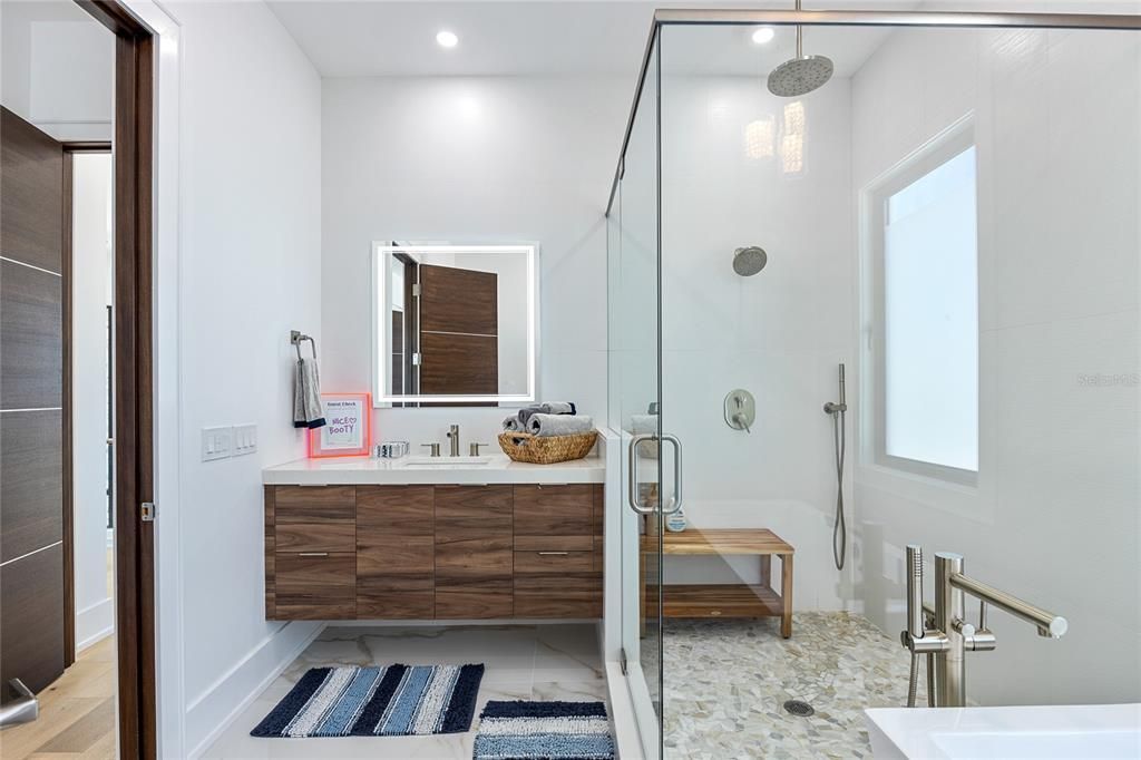Bathroom, Dual Sink Vanities, Glass Shower, Interior, Recessed Lighting