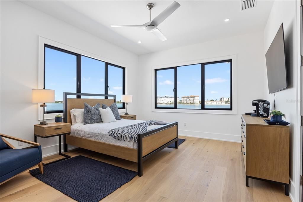 Bedroom, Interior, Recessed Lighting, Water, Wood Texture Flooring