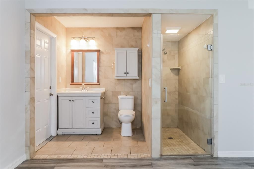 Bathroom, Glass Shower, Interior, Wood Texture Flooring