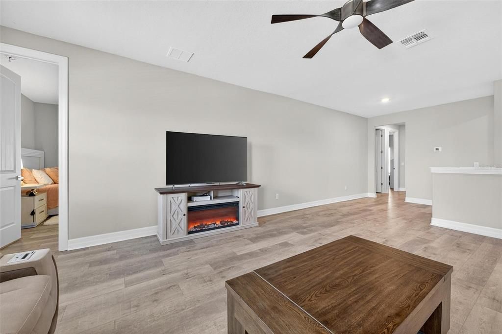 Fireplace, Interior, Recessed Lighting, Wood Texture Flooring