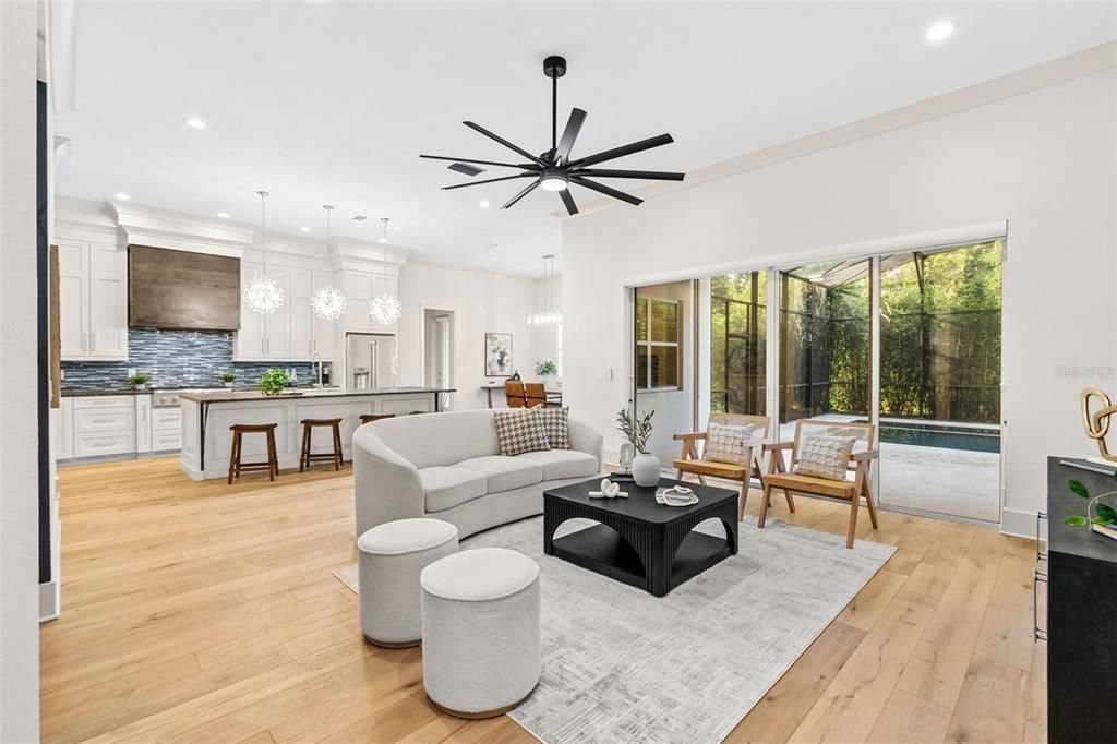 Interior, Kitchen, Living room, Pendant Lights, Recessed Lighting, Wood Texture Flooring